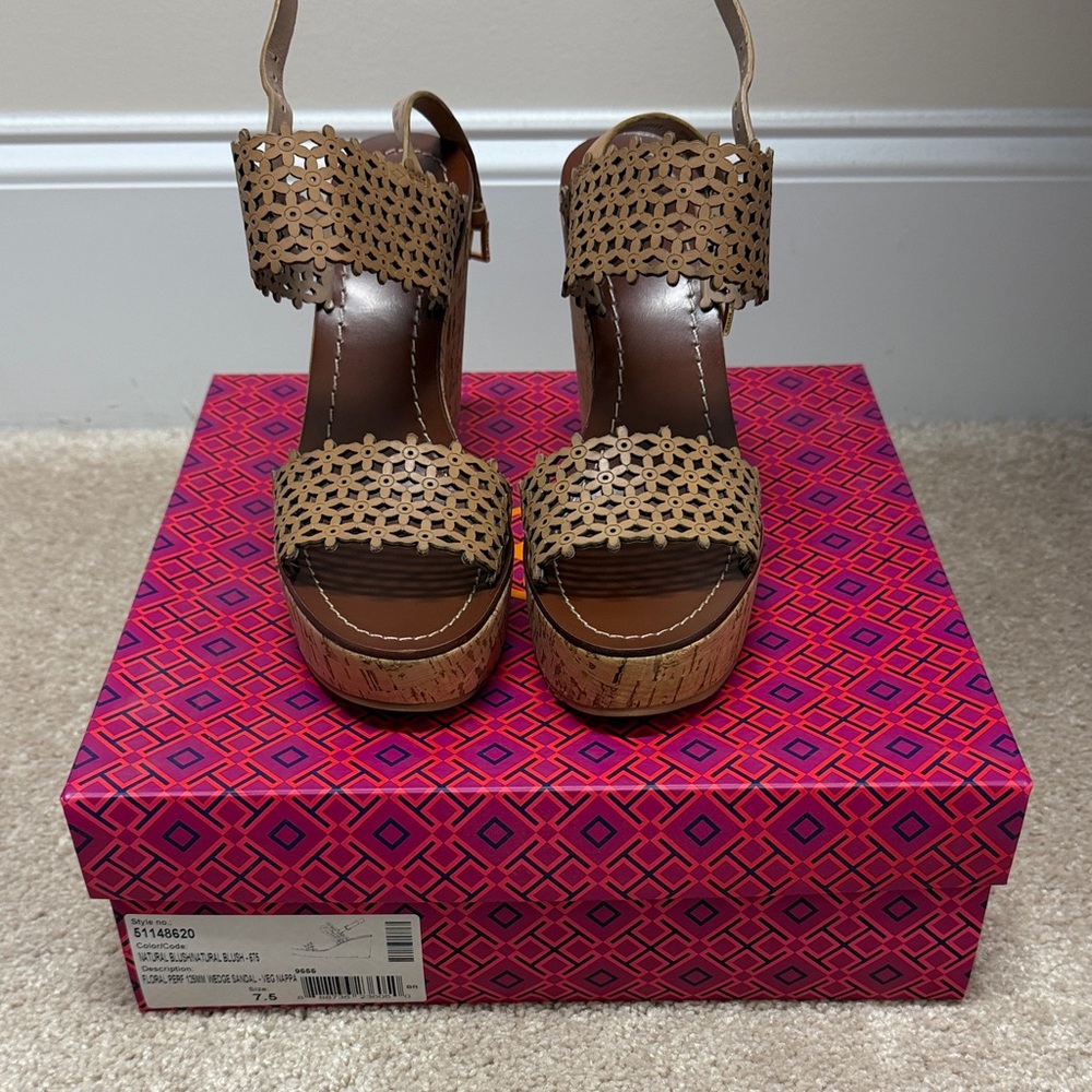 Tory Burch Tan Laser-Cut Cork Wedge Sandals